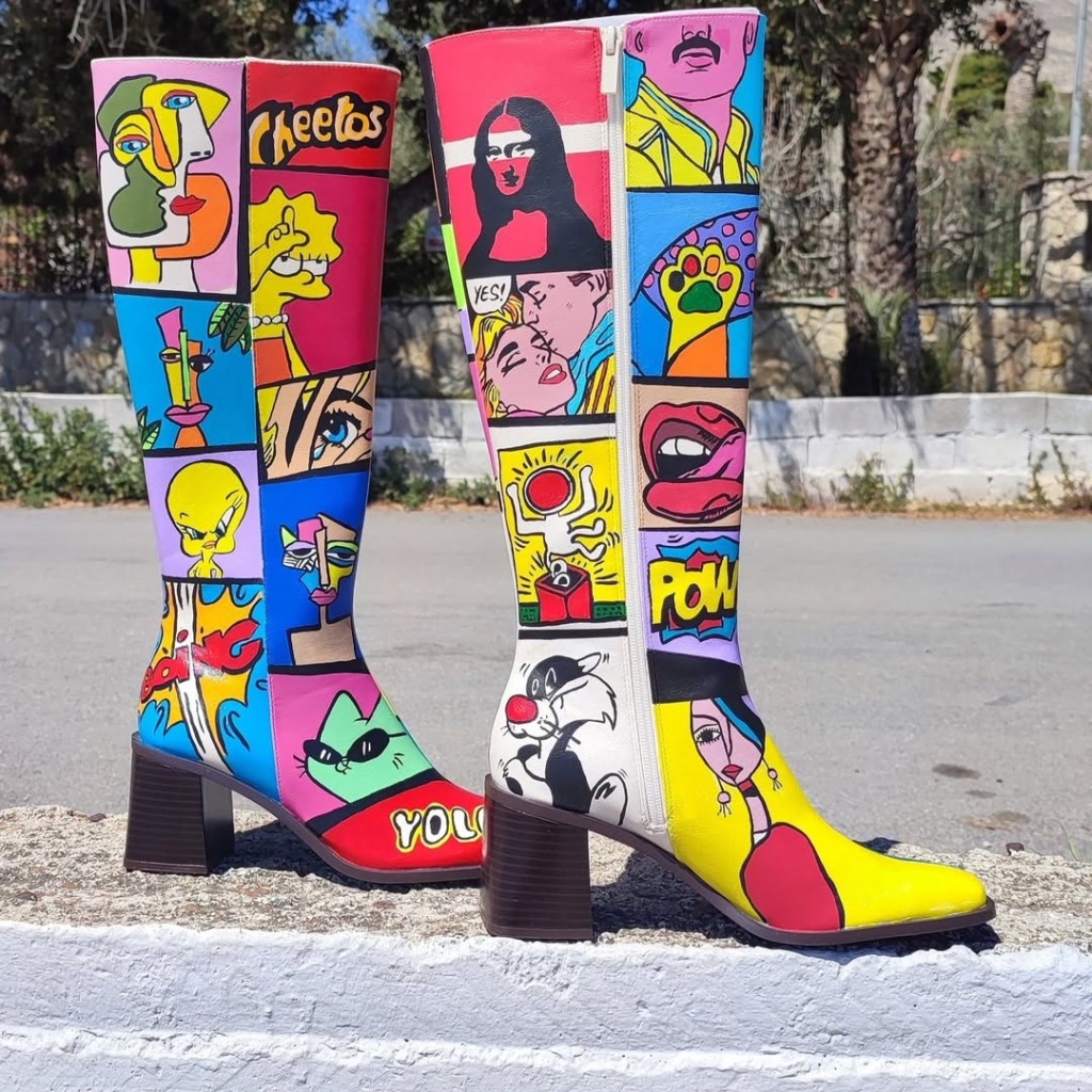 skórzane buty pop-art w motywie komiksu